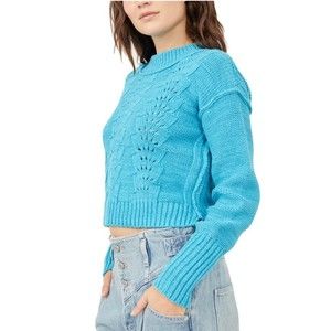 NWT Free People XS Bell Song Crew Neck Ribbed Knit Pullover Sweater in Blue Teal